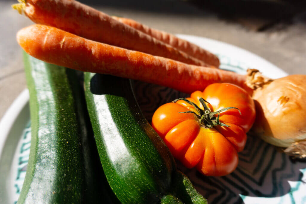 Blog Beitrag Bild Grillgemüse, Zucchini, Tomate, Möhren auf Teller