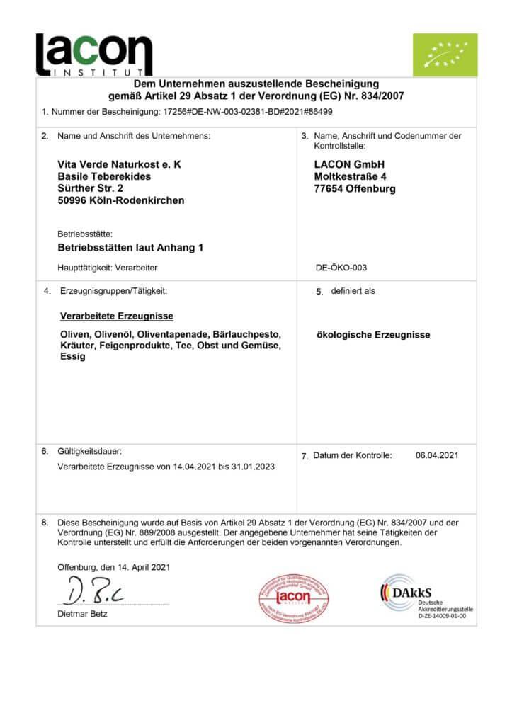 Aktuelles Bio Zertifikat Vita Verde von Lacon, Offenburg 14.04.2021 - 31.01.2023 Bild 1