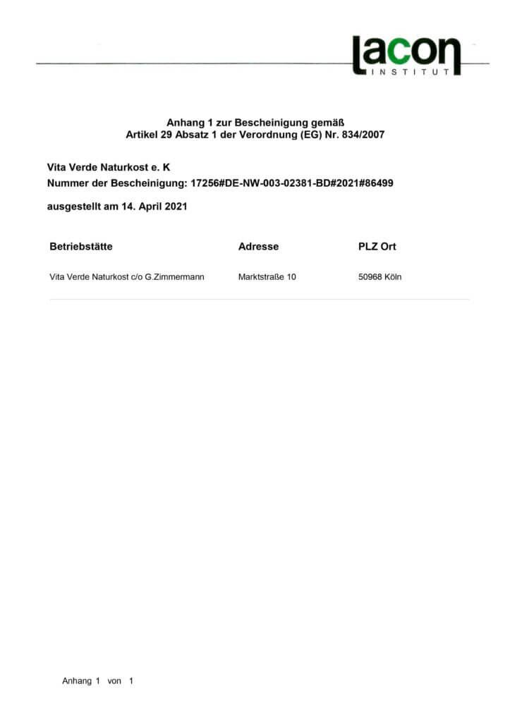 Aktuelles Bio Zertifikat Vita Verde von Lacon, Offenburg 14.04.2021 - 31.01.2023 Bild 2