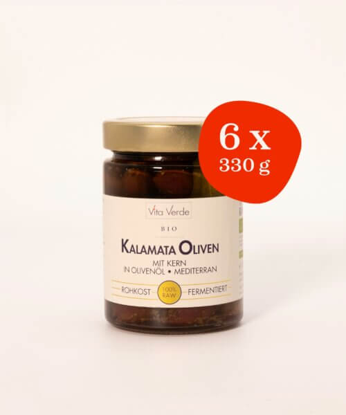 6 x griechische Bio Kalamata Oliven mit Kern in Olivenöl, mediterran, 330 g